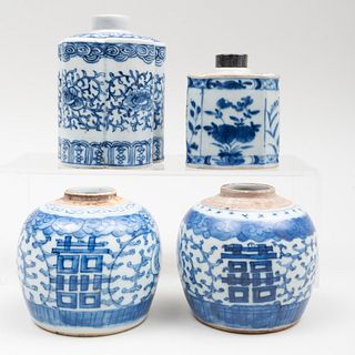 Group of Four Chinese Export Blue and White Porcelain Tea Caddies
