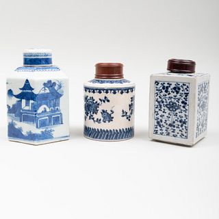 Group of Three Chinese Export Blue and White Porcelain Tea Caddies