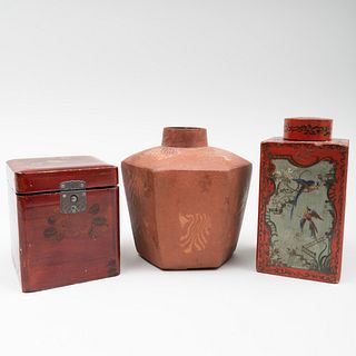 Chinese Red Lacquer Tea Caddy, Redware Tea Caddy and a Painted Wood Tea Caddy and Cover