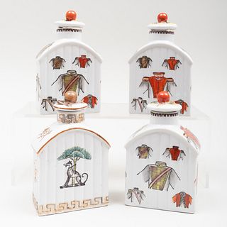 Group of Four Chinese Export Style Transfer Printed and Enriched Porcelain Tea Caddies and Covers
