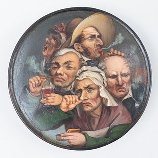 French Papier Mache Circular Snuff Box Decorated with Figures Enjoying Tobacco