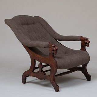Victorian Carved Mahogany Button Upholstered Armchair