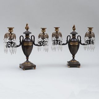 Pair of Regency Gilt-Bronze-Mounted Bronze and Cut-Glass Two-Light Candelabra