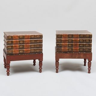 Pair of Leather and Painted Book Form Low Tables