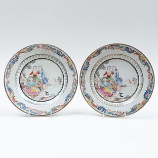 Pair of Chinese Export Style Porcelain Famille Rose European Subject Plates