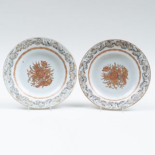 Pair of Chinese Export Gilt and Grisaille Porcelain Soup Plates