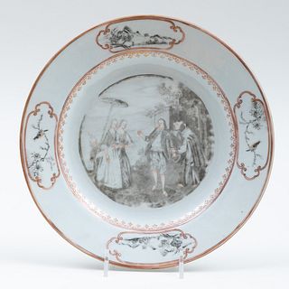 Chinese Export Gilt and Grisaille Porcelain 'Les Oies de Frere Philippe' Plate