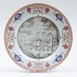Chinese Export Grisaille and Famille Rose Porcelain European Subject Plate