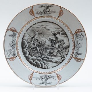 Chinese Export Gilt and Grisaille Porcelain Mythological 'Aurora in Her Chariot' Plate