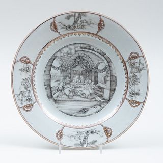 Chinese Export Gilt and Grisaille Porcelain European Subject 'Wedding Feast' Plate