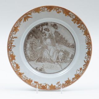 Chinese Export Gilt and Grisaille Porcelain Mythological 'Diana' Plate