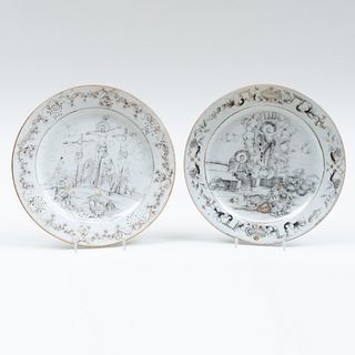 Chinese Export Grisaille and Gilt Porcelain 'Crucifixion' and 'Resurrection' Plates