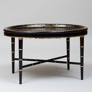 Victorian Black Lacquer and Parcel-Gilt  Papier MachÃ© Tray on Later Stand