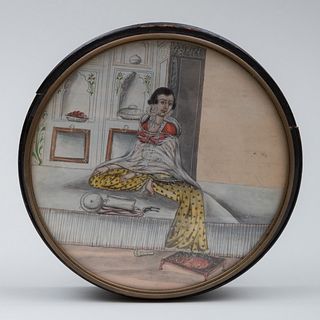 Anglo Indian Circular Black Lacquer Box Inset with Drawing