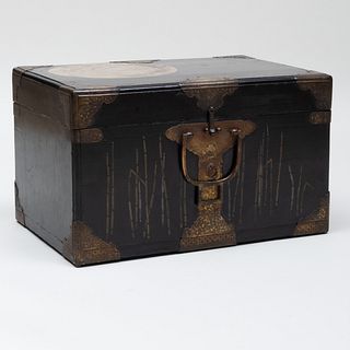 Japanese Brass-Mounted Black Lacquer and Silver-Gilt Trunk 
