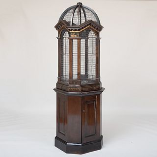 Regency Style Black Painted and Parcel-Gilt Bird Cage on a Mahogany and Ebonized Stand 