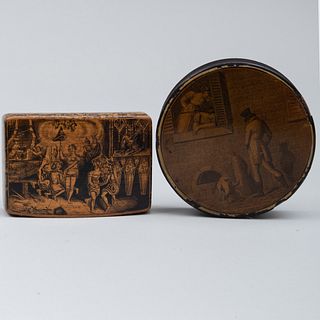 French Papier Mache Circular Erotic Snuff Box and a Humerous Box