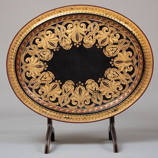 English Black Painted and Parcel-Gilt Papier MachÃ© Tray on Stand, Signed 58 Bakin Street, London