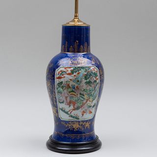 Chinese Blue Glazed Gilt-Decorated Familled Verte Porcelain Vase Mounted as a Lamp