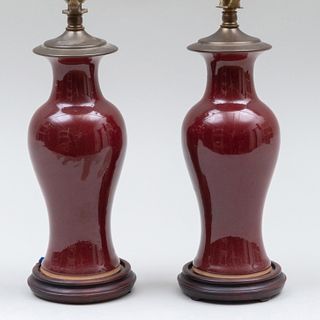 Pair of Chinese Copper Red Glazed Vases Mounted as Lamps