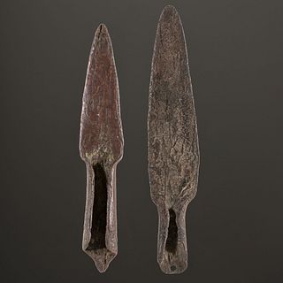 A Pair of Old Copper Culture Socketed Spear Points, Longest 5-5/8 in.