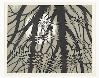 M.C. Escher, Linocut, Rippled Surface, black/gray