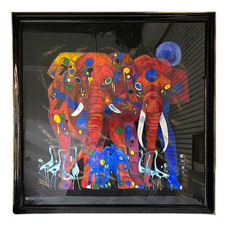 JIANG TIE FENG "Elephant Family" Serigraph