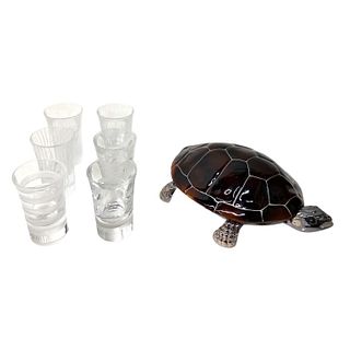 Six Shot Glasses And Turtle Dish