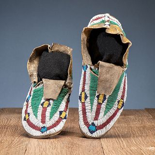 Cheyenne Beaded Hide Moccasins, with Recycled Parfleche Sole, From the Collection of Robert Jerich, Illinois