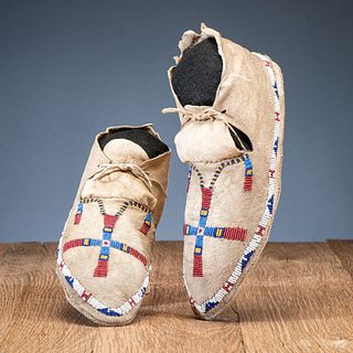 Cheyenne Beaded Hide Moccasins, with Recycled Parfleche Sole