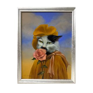 Oil on Board of Cat Smelling a Rose