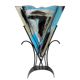 Art Glass Vase in Wrought Iron Base
