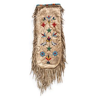 Plains Beaded Hide Tobacco Bag, with Birds