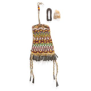 Apache Beaded Hide Bag, with Wrought Iron Striker 