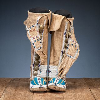 Cheyenne Beaded Hide Boot Moccasins, with Dragonfly, From the Collection of Robert Jerich, Illinois