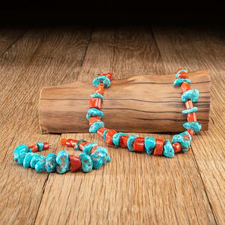 Leekya Deyuse (Zuni, 1889-1966) Chunky Coral and Turquoise Nugget Necklace AND Matching Bracelet, From the C.G. Wallace Collection