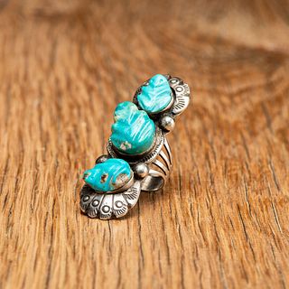 Leekya Deyuse (Zuni, 1889-1966) Silver Ring with Carved Turquoise Frogs, ex. CG Wallace Collection