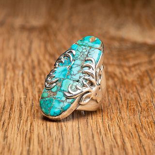 Juan De Dios (Zuni, 1882-1940s?) Silver and Turquoise Ring, with Deer Head Bezel, ex. CG Wallace Collection