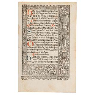 Anónimo. Hoja de Libro de Horas. Principios del Siglo XVI. 18 x 11.5 cm. Impreso en latín con iniciales pintadas a mano.