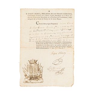 Abarca, Roque. Pasaporte Otorgado al Teniente Coronel D. Josef Antonio Dávalos. Guadalajara, 15 de agosto de 1809. Firmado.