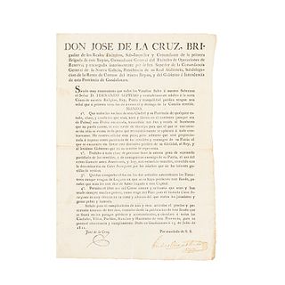 Cruz, José de la. Bando sobre el Uso de Un Distintivo para No Confundirse con los Insurgentes. Guadalajara, julio 25 de 1811. Rúbrica.