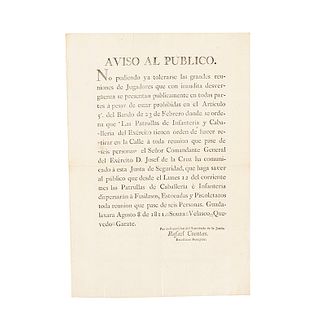 Cuentas, Rafael. Circular sobre la Disolución de Jugadores en la Vía Pública. Guadalaxara, 8 de agosto de 1811.