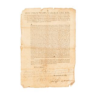 Calleja del Rey, Félix María. Bando sobre la Renta del Tabaco. México, 11 de diciembre de 1813. Rubricado y firmado.