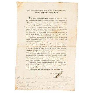 Mina, Xavier. A los Señores Comandantes de la Provincia de Guanaxuato y demás Departamentos del Baxio. 14 de septiembre de 1817.Rúbrica