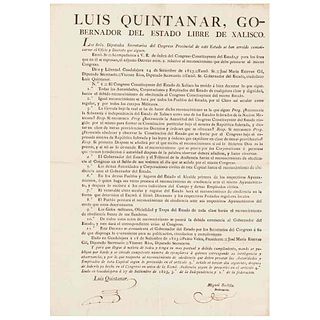 Quintanar, Luis. Bando de Reconocimiento a Jalisco como Estado Federado. Guadalajara, 27 de septiembre de 1823. Rúbrica.