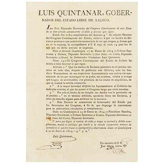 Quintanar, Luis. Bando con Información Solicitada a Dueños de Esclavos. Guadalajara, enero 20 de 1824. Rúbrica.
