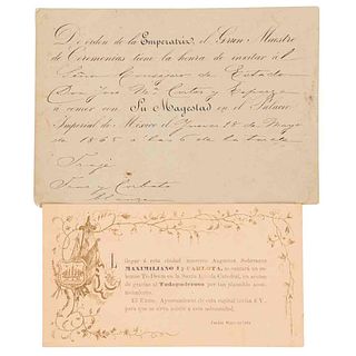 Maximiliano y Carlota. Invitaciones a Eventos Sociales. Puebla / México, mayo de 1864 / mayo de 1865. Piezas: 2.