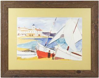 Charles Levier, Watercolor, "Sailboats in Harbor"