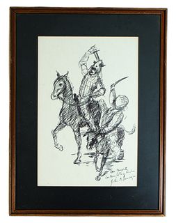 Ink Drawing on Paper Don Quixote Sancho Panzer