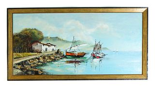 20th C Oil on Board Fishing Boats on Shore Signed